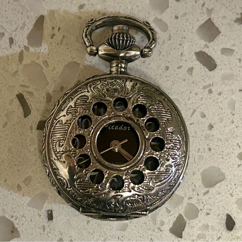 Silver-tone Pocket Watch with Beautifully Intricate Floral Design